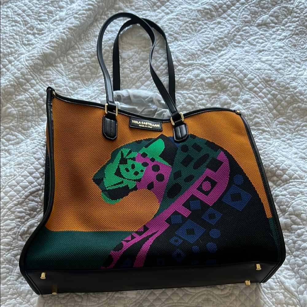 Viola Castellani Multicolor Leopard Print Tote Bag - Orange & Green